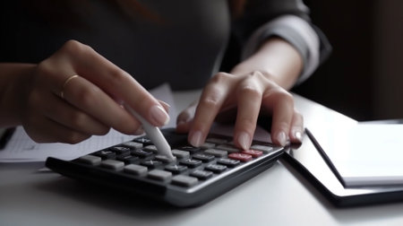 Close-up of businesswoman hands using calculator and writing in notebookの素材