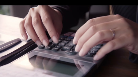 Close up of business woman hand using calculator and laptop computer. Accountingの素材