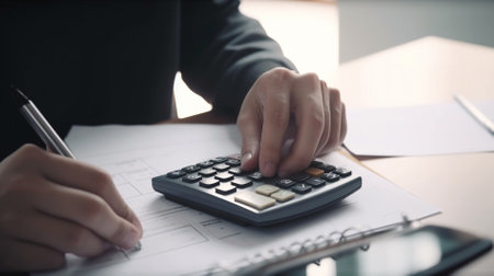businessman hand working with finances about cost and calculator on wooden desk in officeの素材