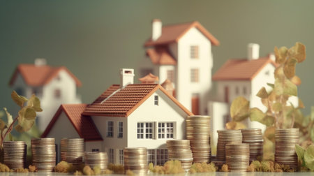 House model and coins, money savings for buy a house concept.の素材