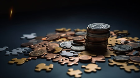 Coins and jigsaw puzzle on black background. Business concept.の素材
