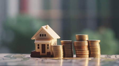 Miniature house and coins stack on table, business and finance conceptの素材