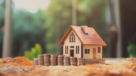 House model and coins stack on nature background. Investment and real estate concept.の素材