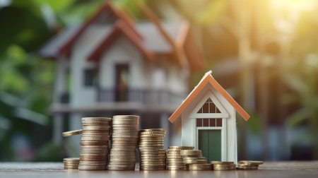 House model and coin stack for real estate investment and saving money concept.の素材
