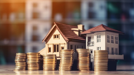 House model and coins stack on wooden table with blurred background. Real estate investment and savings concept.の素材