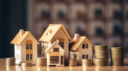 House model and stack of coins. Real estate investment and saving money concept.の素材