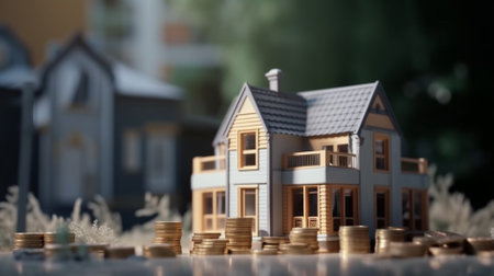 Miniature house with coins. Real estate concept. 3d illustrationの素材