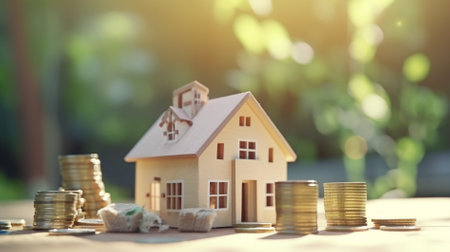 Mortgage concept by house from coins. Home loan and real estate concept.の素材