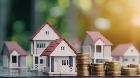 House model and coin stack on table with blurred background. Real estate and property investment concept.の素材