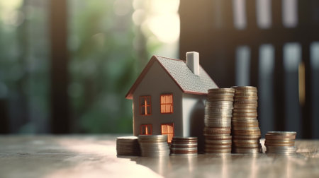 House model and coins stack on wooden table for saving money for buy house concept.の素材