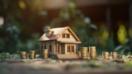 House model and coins on wooden table, Saving money for buy a house concept.の素材