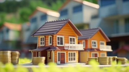 Miniature house and coins on the background of a modern residential areaの素材