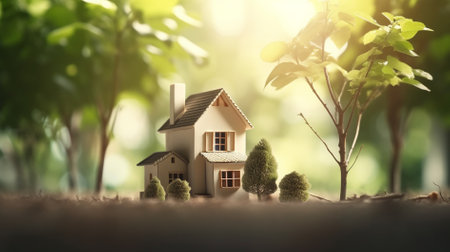 Miniature house with green trees. Real estate and property concept.の素材
