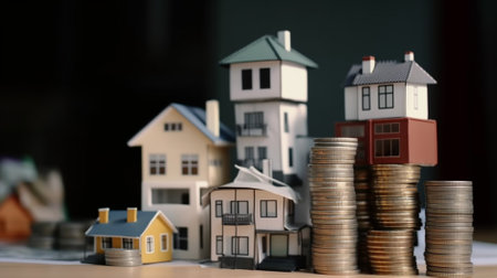Miniature house and coins stacks for finance and banking concept idea.の素材