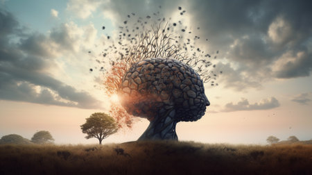 Human brain and tree on the background. 3d render. Conceptual image world health day conceptの素材