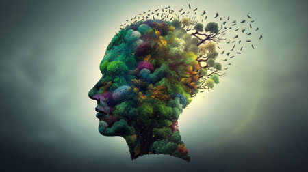 Human head with tree made of colorful leaves. 3D illustration. world health day conceptの素材