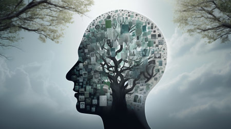 Conceptual image of human head and tree made of media icons world health day conceptの素材