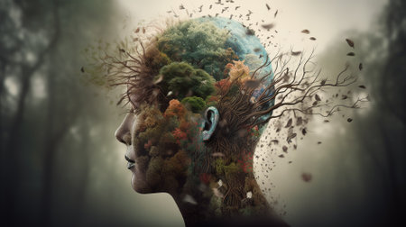 Conceptual image of a young woman with green planet in her head world health day conceptの素材