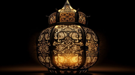 Lantern with golden pattern on a black background. 3d renderingの素材