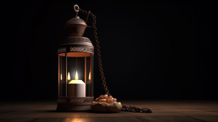Ramadan Kareem background. Arabic lantern with burning candle and coffee beans on wooden table.の素材