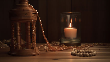 Candlelight, pearl necklace and rosary on wooden tableの素材