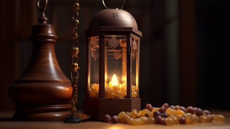 Ramadan Kareem background. Arabic lanterns and beads on wooden tableの素材