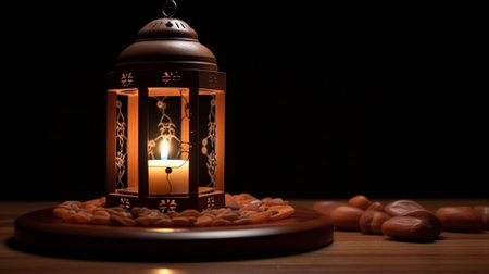Lantern with burning candle and candies on a wooden tableの素材