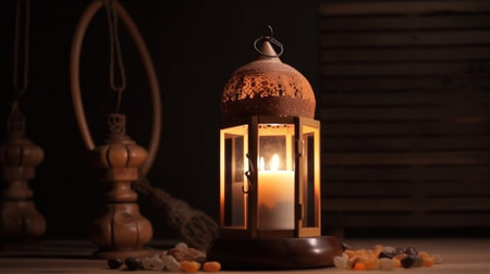 Lantern with burning candle on wooden background. Ramadan Kareem conceptの素材