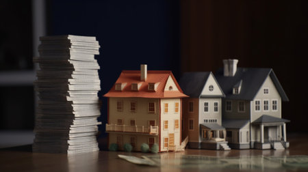 House model with stack of money. Real estate business concept. Selective focus.の素材