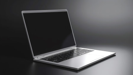 Laptop computer with blank screen on black background. 3D Renderingの素材