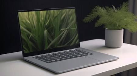 Laptop on white table with green plant. 3d rendering.の素材