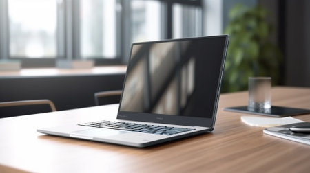 Laptop on wooden table in modern office. 3d rendering.の素材