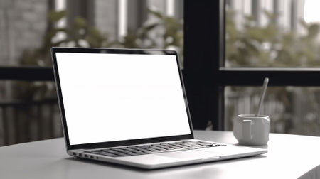 Mockup image of a laptop with blank white desktop screen on a white table in a cafeの素材