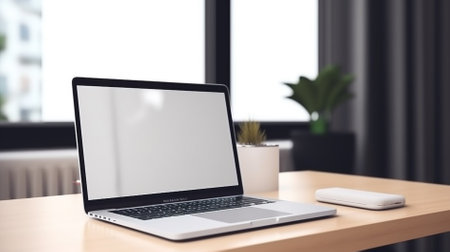 Laptop with blank screen on wooden table in modern office. Mock upの素材
