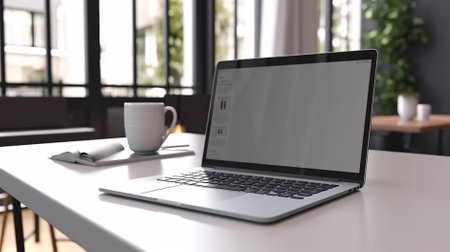 Laptop with blank screen on white table in office. 3d renderingの素材