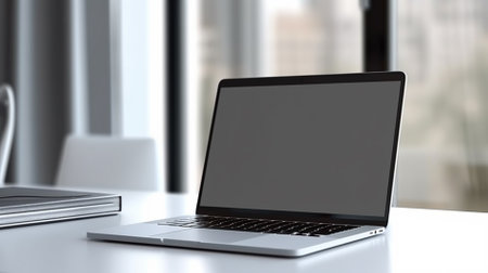 Laptop with blank screen on white table in office 3D renderingの素材