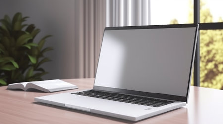 Laptop with blank screen on table. Mock up, 3D Renderingの素材