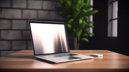 Laptop with blank screen on wooden table. 3D Renderingの素材