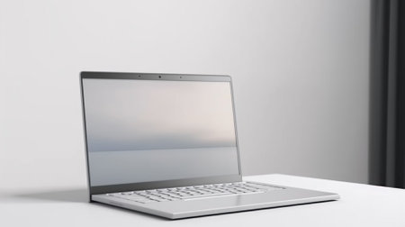 Laptop with blank screen on white table. 3D rendering.の素材