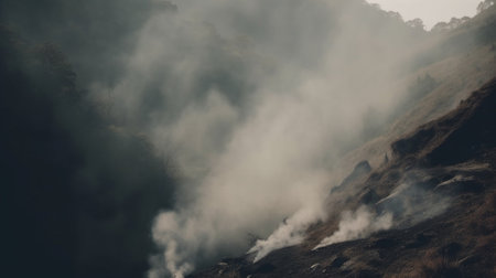 Mountain landscape with clouds and fog in the morning. Beautiful nature backgroundの素材
