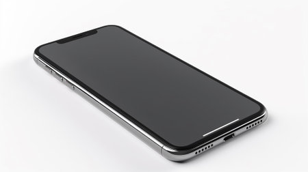 Black smartphone with blank screen isolated on white background. 3d illustrationの素材
