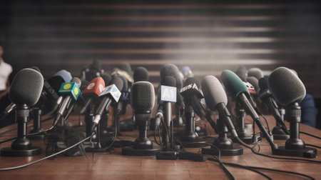 Microphones in conference hall or conference room, press conference concept.の素材