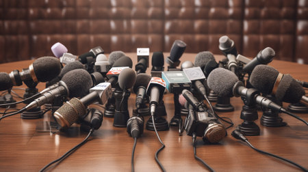 Close up of microphones on a table in a conference room or meeting roomの素材