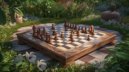 Chess on a wooden board in the garden. 3d renderingの素材