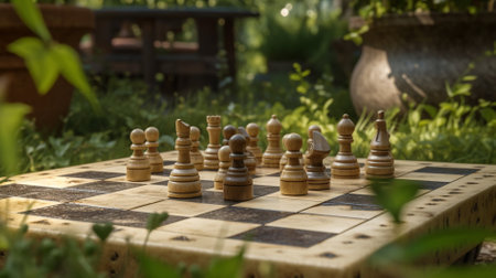 Chess pieces on a chessboard in the garden. Selective focus.の素材