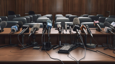 Microphones on a podium in an empty conference hall. Selective focus.の素材