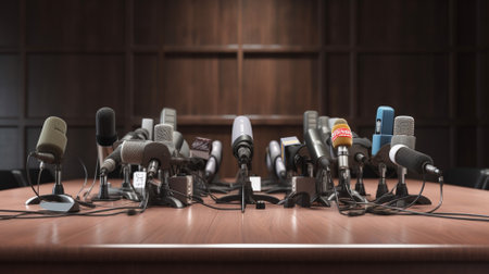 Microphones on a table in a conference room. 3d renderingの素材