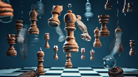 Chess game concept with chess pieces on blue background 3D renderingの素材