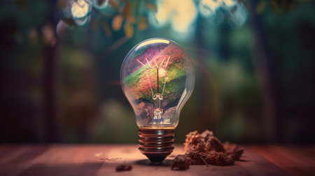 Incandescent light bulb on wooden table with blurred forest background.の素材