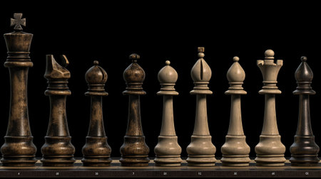 Chess pieces in a row on a black background. 3d renderingの素材